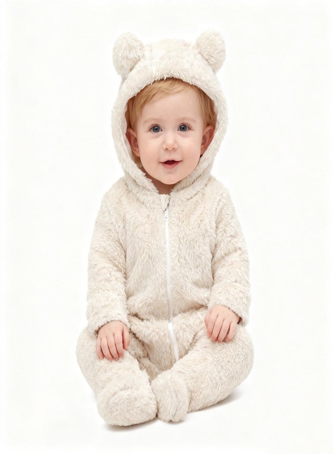 SKYTWO Baby Plush Long Sleeve Polar Fleece Jumpsuit With Bear Ears Baby Fleece Hooded Jumpsuit Infant Winter Outfit (Beige, 0-3 Months) - Image 2