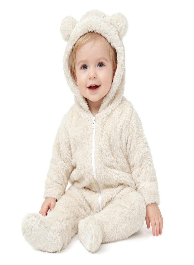 SKYTWO Baby Plush Long Sleeve Polar Fleece Jumpsuit With Bear Ears Baby Fleece Hooded Jumpsuit Infant Winter Outfit (Beige, 0-3 Months) - Image 1