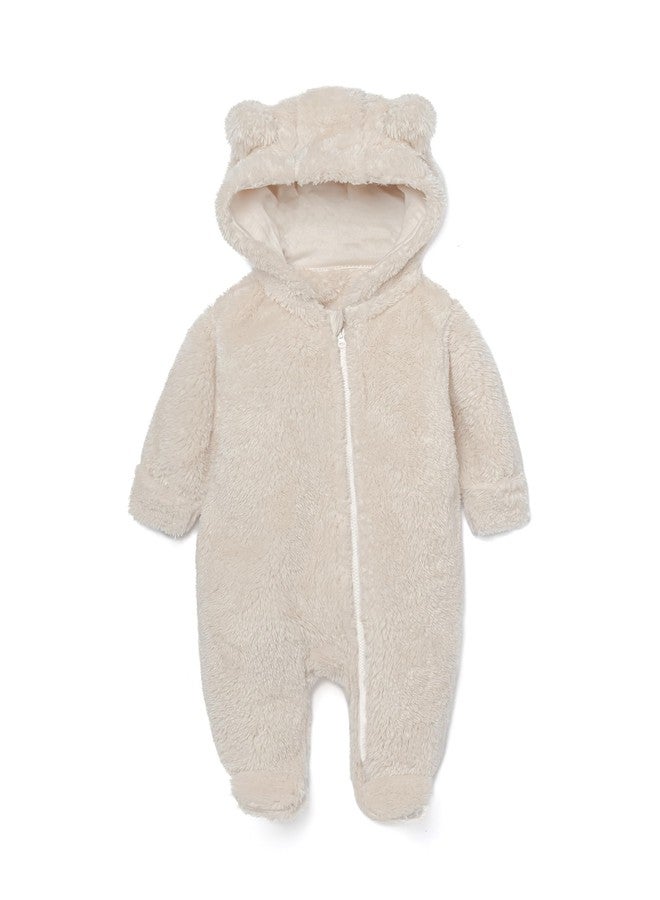 SKYTWO Baby Plush Long Sleeve Polar Fleece Jumpsuit With Bear Ears Baby Fleece Hooded Jumpsuit Infant Winter Outfit (Beige, 0-3 Months) - Image 3