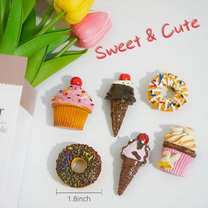 Bonilve 6 Pack Cute 3D Food Refrigerator Magnets  Assorted Dessert Shapes with 2 Ice Creams, 2 Muffins & 2 Chocolate Donuts | Funny Kitchen Decor for Home, Office & Refrigerator Decoration - Image 2