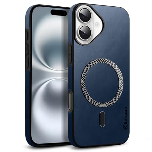 KARWAN Shockproof Hybrid Leather Finish Back Case Cover Compatible with iPhone 16 Plus with Wireless MagEaze Charging Cover, Anti-Scratch Shield Case with Strong Minimalist Design (Blue) - Image 1