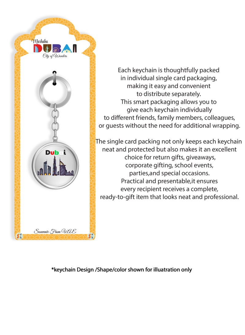 Souvenir Souq Stylish metal keychain 3pcs, Round Shape,featuring Dubai Famous Landmarks in one Design in three vibrant colors—perfect as a souvenir, Give away gift, or everyday accessory & Return gift. - Image 3