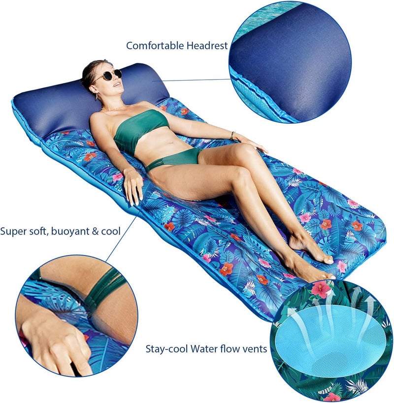 FindUWill Oversized Pool Float Lounge, 72" X 37" Extra Large Fabric-Covered Pool Floats for Adults, Inflatable Contour Lounger with Headrest Ultra-Comfort Cooling Pool Raft (XL, Monstera) - Image 4