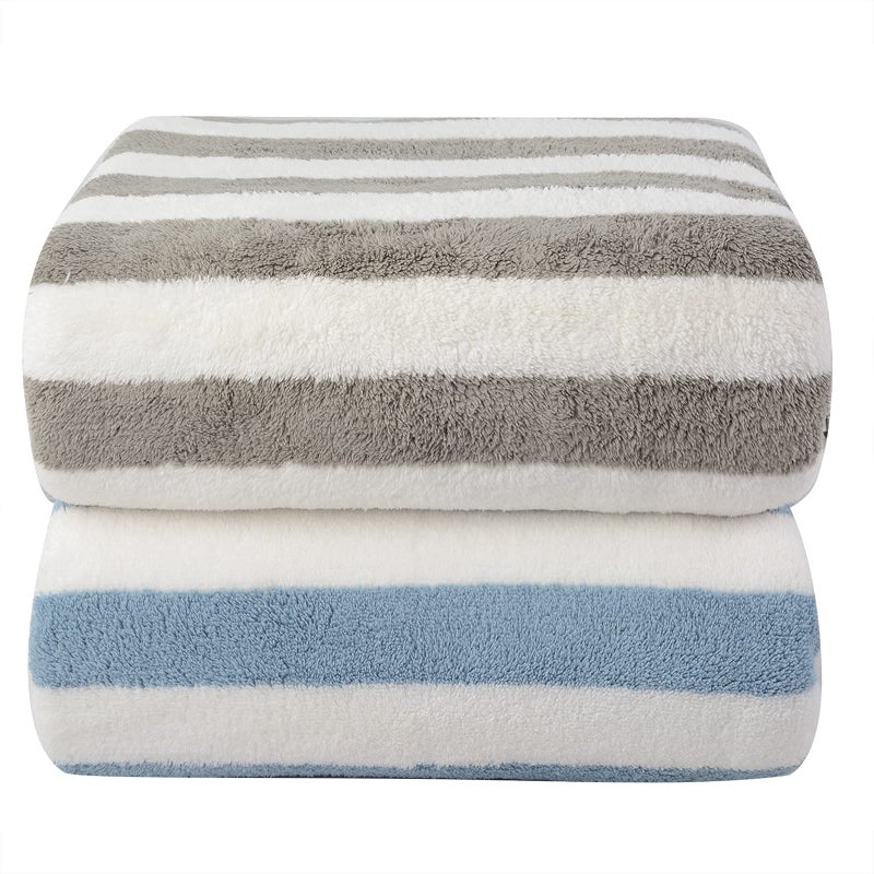 VIVOTE Microfibre Bath Towel 80 X 152 cm Soft  Fluffy Bath Towels Highly Absorbent Dry Quickly Bath Sheet Striped Bath Towels Set Large Microfibre Bath Towel for Bathroom 2 Pack GreyBlue