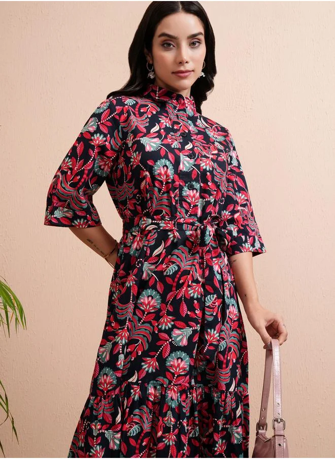 Tokyo Talkies Floral Print Shirt Maxi Dress with Tie-Belt