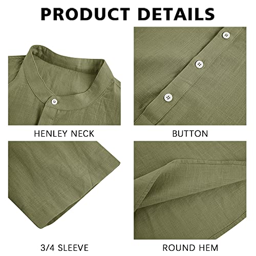 Ryannology Mens Linen Shirts Henley 3/4 Sleeve Casual Cotton T-Shirt Regular-Fit Lightweight Beach Yoga Tunic Tops - Image 2