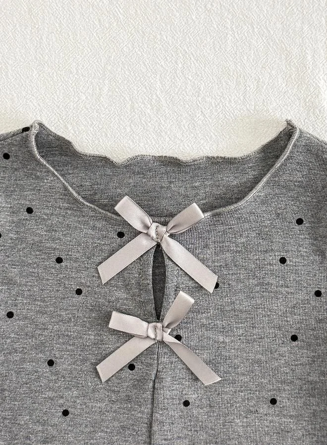 Take Two  Girls Grey Polka Dot Bow T-Shirt for Women | Best Price UAE