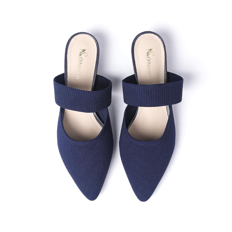 Semwiss Pointed Toe Mules for Women Chunky Low Heeled Sandals Breathable Backless Mesh Knit Slip on Loafers Dark Blue Size 8 - Image 1