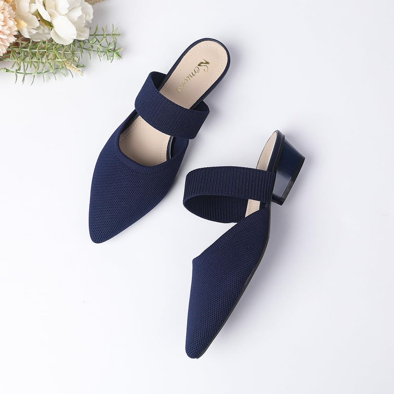 Semwiss Pointed Toe Mules for Women Chunky Low Heeled Sandals Breathable Backless Mesh Knit Slip on Loafers Dark Blue Size 8 - Image 3