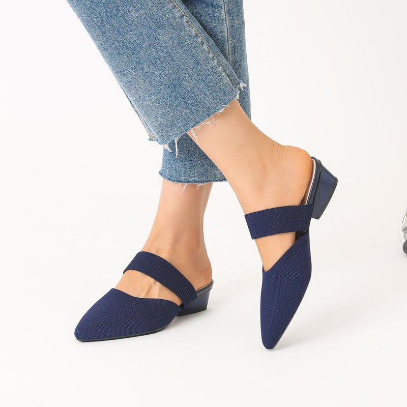 Semwiss Pointed Toe Mules for Women Chunky Low Heeled Sandals Breathable Backless Mesh Knit Slip on Loafers Dark Blue Size 8 - Image 2
