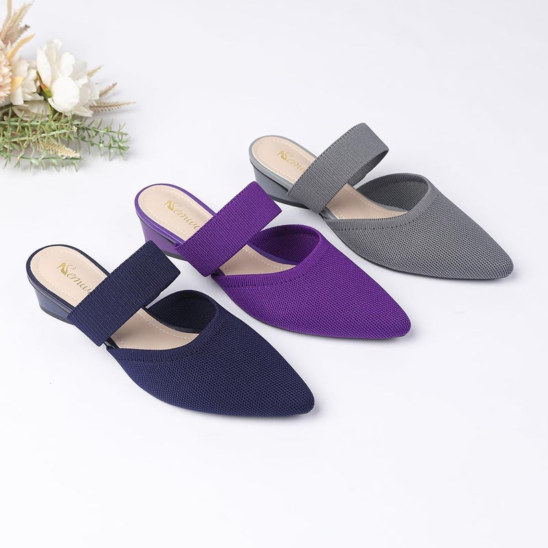 Semwiss Pointed Toe Mules for Women Chunky Low Heeled Sandals Breathable Backless Mesh Knit Slip on Loafers Dark Blue Size 8 - Image 5