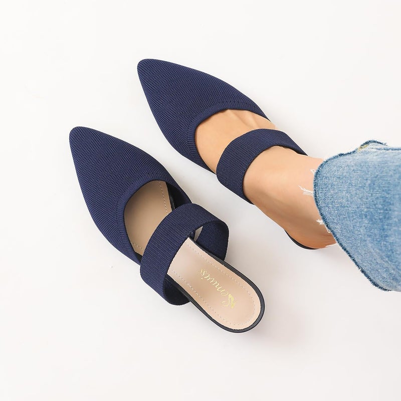 Semwiss Pointed Toe Mules for Women Chunky Low Heeled Sandals Breathable Backless Mesh Knit Slip on Loafers Dark Blue Size 8 - Image 4