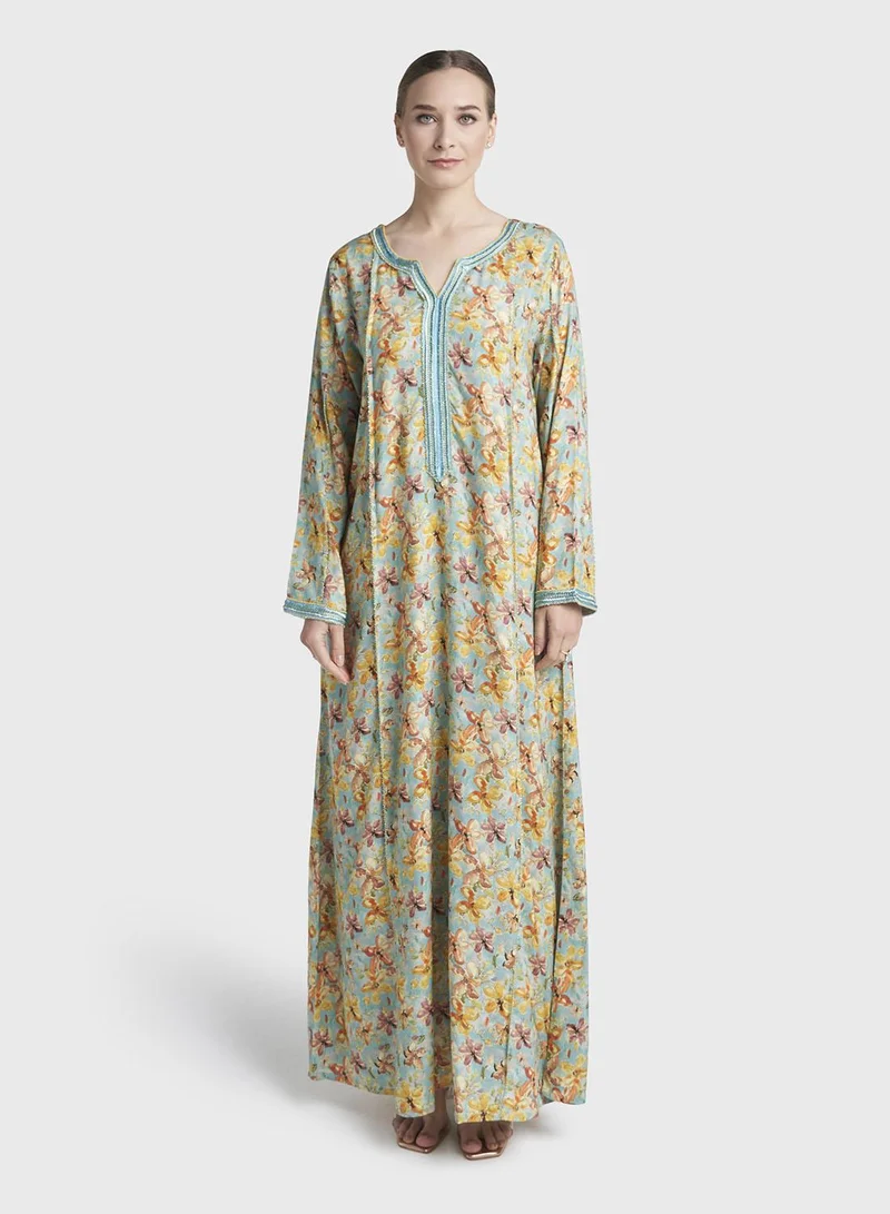 Kashkha Light Blue Colour Hand Work Rayon Floral Printed Jalabiya (VG3223)