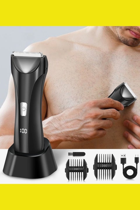 ماكينة حلاقة للجسم للرجال | آلة تشذيب كهربائية قابلة لإعادة الشحن مع حامل تخزين، ماكينة حلاقة لاسلكية للشعر على الصدر والظهر والذراعين والساقين – هادئة وسهلة التنظيف
