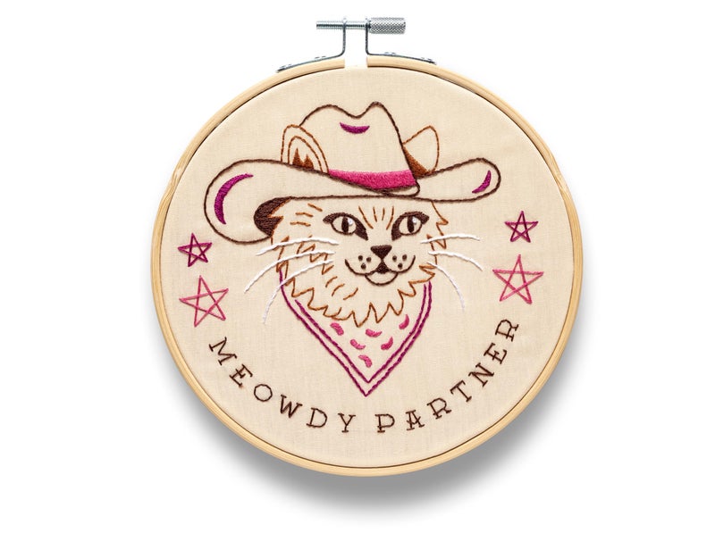 FUNATIC Meowdy Partner Embroidery Kit | Funny Beginner Needle Work Starter Set for Adults | Needlepoint DIY Arts and Crafts | Cross Stitch Set with Bamboo Hoop Floss Needles Threader Printed Fabric