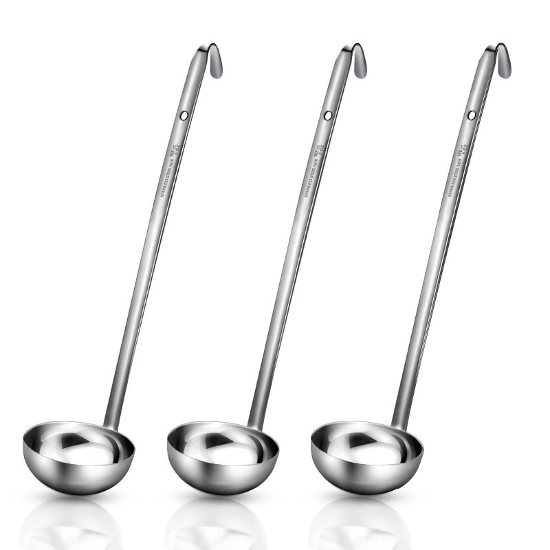meekoo 3 Pieces Stainless Steel Ladle Soup Handle Ladle with Pouring Rim for Kitchen Cooking Soup Sauce 6 oz 