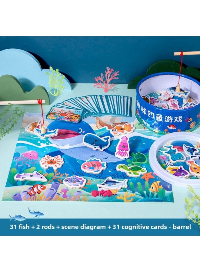 Children's Magnetic Fishing Toy 1 A 3 Year Old 2 Boys And Girls 6 Educational Children Toddler Baby Two And A Half Years Old Gift-Color:Double-sided Type A - 31 Fish + 2 Rods + 31 Cards + Scene Picture 【portable Drum】 - Image 1