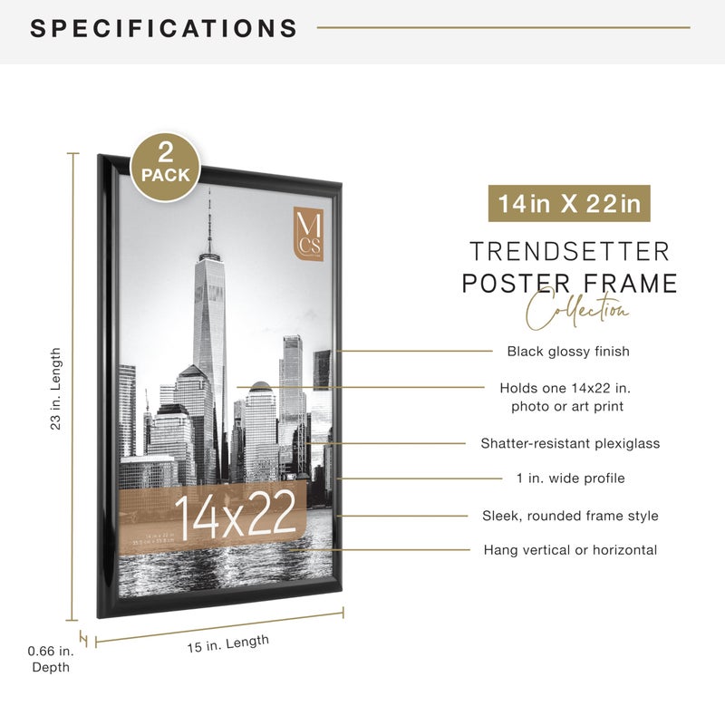 MCS Trendsetter 14x22 Poster Frame Black High-Gloss, Vertical & Horizontal Wall Hanging Large Picture Frame for Photos, Posters & Art Prints (2-Pack) - Image 4