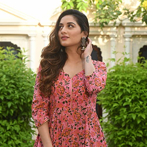 Arayna Women's Cotton Printed Anarkali Kurti with Palazzo Pants Set, Floral (X-Large) Pink - Image 4