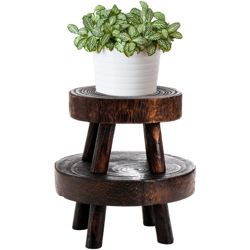 TOPZEA Set of 2 Mini Wooden Stool Display Stand Wood Riser for Bonsai Flower Pot Small Potted Plant Stands Round Rustic Planter Stools Pedestal Risers for Garden Patio Home
