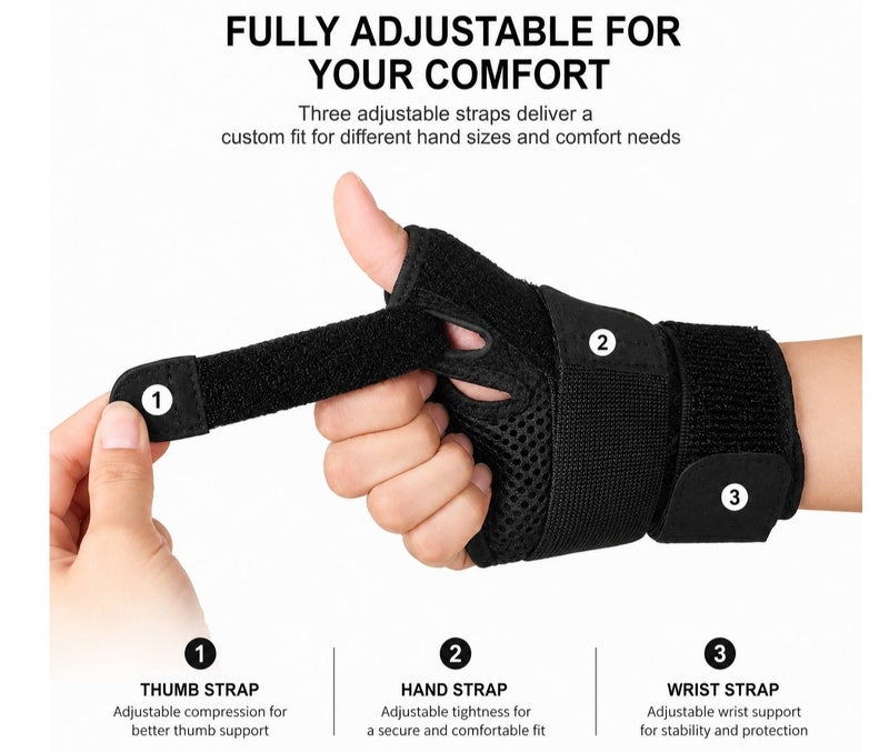 HASTE Thumb and Wrist Support Brace - Adjustable Splint with Reinforced Bars - Reversible Left and Right - Black - Image 4