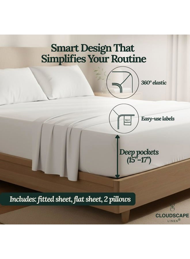 CloudScape Linen Cloud Scape Linen Engineered Dual-Ply Egyptian Cotton King Size Sheet Set – Long-Staple Sateen Weave, 4-Piece Soft Hotel Quality Bedding Set,Deep Pockets Up to 16”, White - Image 3