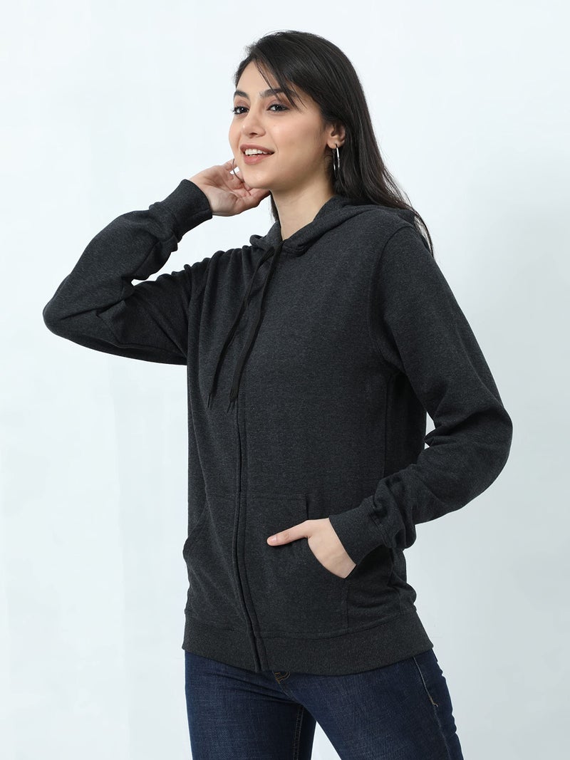 Wafaa Women's Cotton Plain Hooded Neck Full Zipper Charcoal Melange Color Sweatshirt Regular Fit Hoodies with Kangaroo Pocket 3XL Size - Image 3