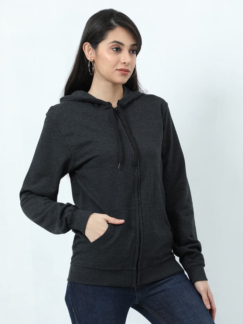 Wafaa Women's Cotton Plain Hooded Neck Full Zipper Charcoal Melange Color Sweatshirt Regular Fit Hoodies with Kangaroo Pocket 3XL Size - Image 5