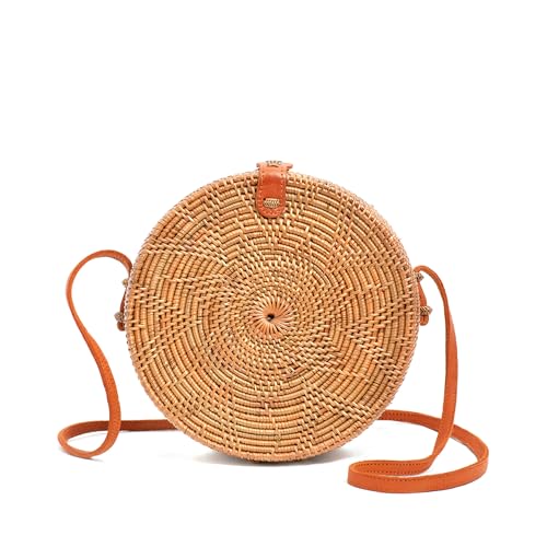 Novum Crafts Round Rattan Bag for Women - Handmade Ata Wicker Woven Purse - Circle, Square, Oval Brown Straw Boho Bags - Image 1