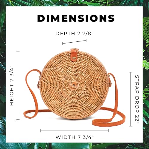 Novum Crafts Round Rattan Bag for Women - Handmade Ata Wicker Woven Purse - Circle, Square, Oval Brown Straw Boho Bags - Image 4