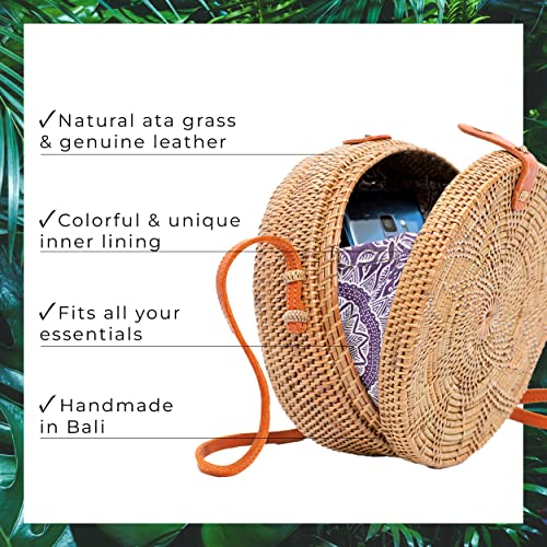 Novum Crafts Round Rattan Bag for Women - Handmade Ata Wicker Woven Purse - Circle, Square, Oval Brown Straw Boho Bags - Image 2