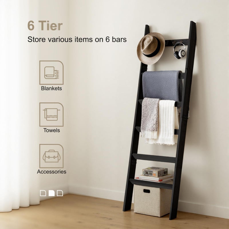 TEAKMAMA 6-Tier Blanket Ladder for Living Room and Bedroom,5.4 Ft Wall Leaning Quilt Rack with Hooks,Rustic Decorative Farmhouse Blanket Storage,Stylish Ladder Holder,Christmas Decorations,Black - Image 5