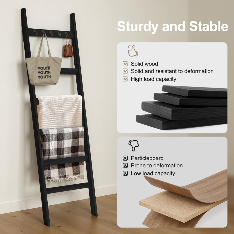 TEAKMAMA 6-Tier Blanket Ladder for Living Room and Bedroom,5.4 Ft Wall Leaning Quilt Rack with Hooks,Rustic Decorative Farmhouse Blanket Storage,Stylish Ladder Holder,Christmas Decorations,Black - Image 4