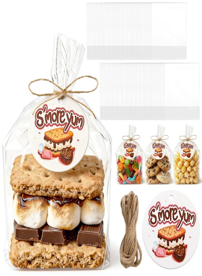 Jowgut 200 Pieces S'more bags, Gusseted Cellophane Bags with Favor Tag Twine, 6 x 7 Inches Cookie Treat Bag Clear Favor Bag for Candy Dessert Bakery Chocolate Wedding Party Favors - Image 1