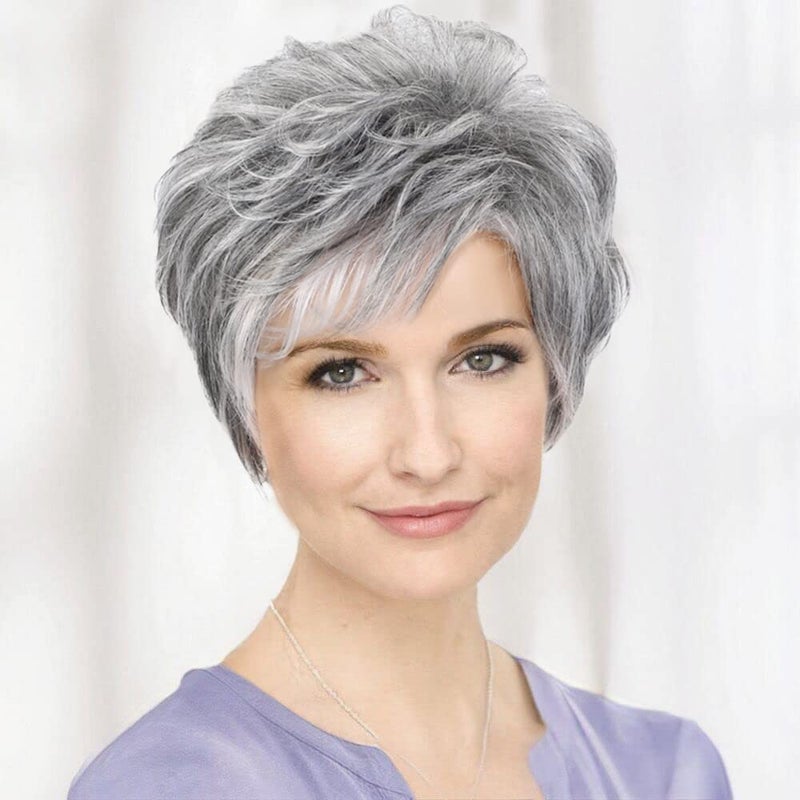 EMMOR Short Grey Human Hair Wigs for Women Blend Pixie Cut Wig With BangNatural Daily Use Hair Color 2600H101