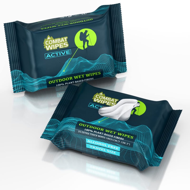 Combat Wipes ACTIVE Outdoor Wet Wipes - Extra Thick Camping Gear, Biodegradable, Body & Hand Cleansing/Refreshing Cloths for Backpacking & Gym w/Natural Aloe & Vitamin E(2 pack, 25 wipes each) - Image 1