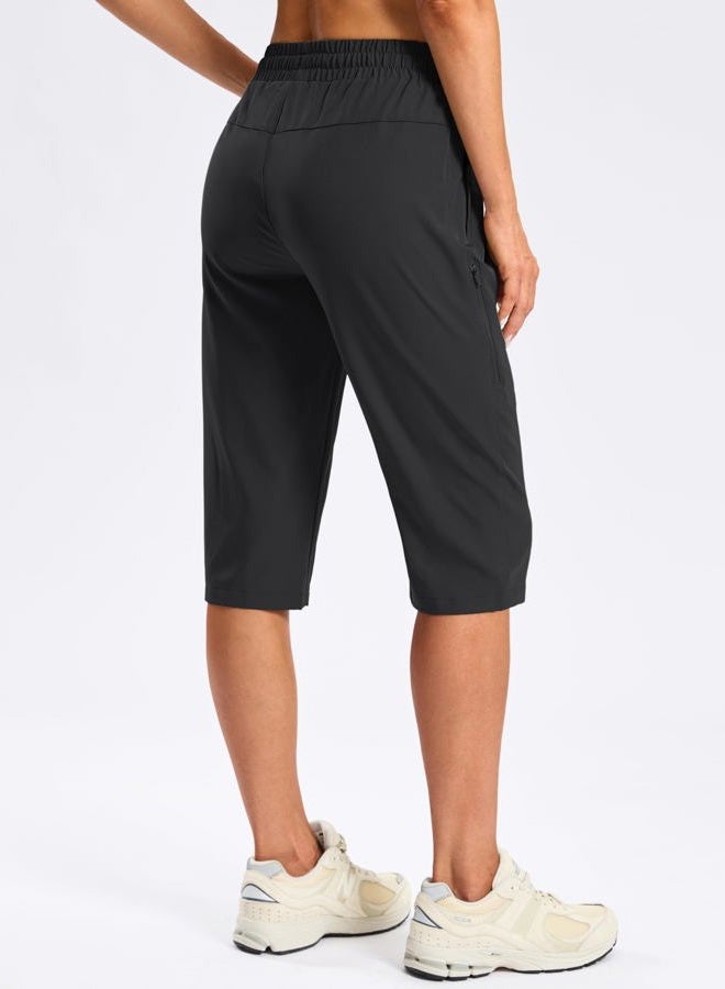 SANTINY Women's 15" Long Shorts Below The Knee Capri Hiking Cargo Shorts Lightweight Quick Dry Elastic Waist for Casual, Black, XL - Image 2