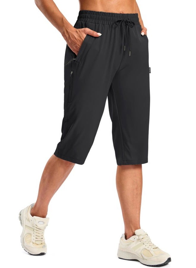 SANTINY Women's 15" Long Shorts Below The Knee Capri Hiking Cargo Shorts Lightweight Quick Dry Elastic Waist for Casual, Black, XL - Image 1