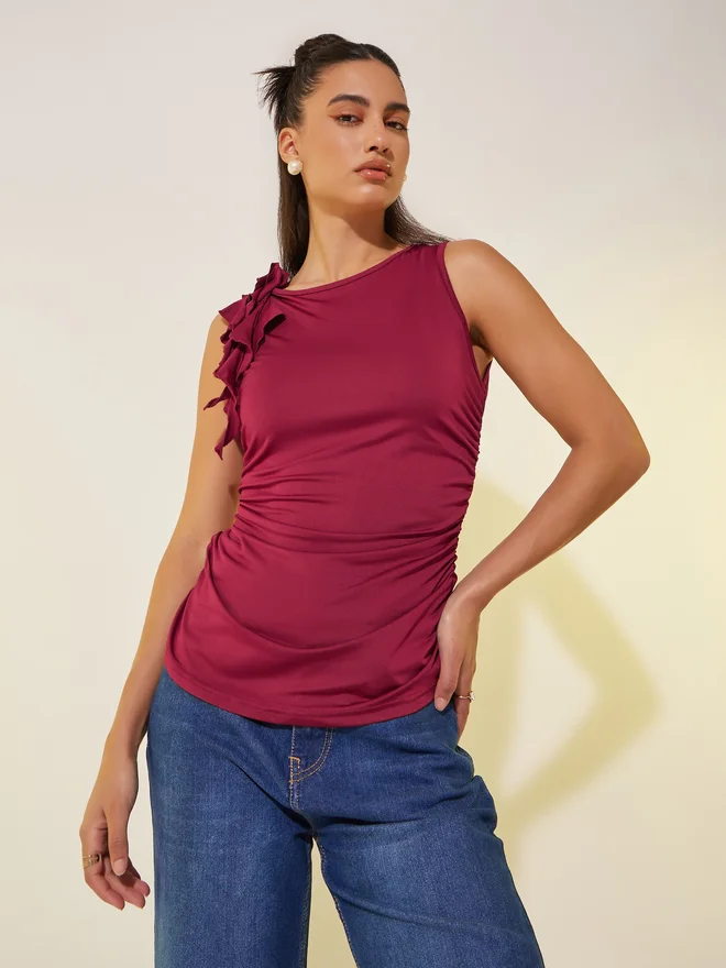 Styli Styli Solid Sleeveless Shoulder Ruffled Detail Top