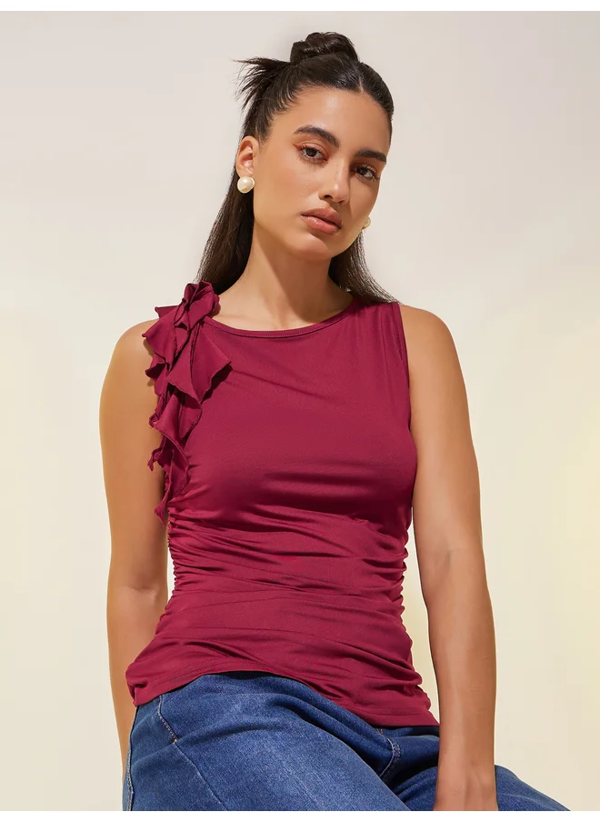 تايك تو Take Two Solid Sleeveless Shoulder Ruffled Detail Top