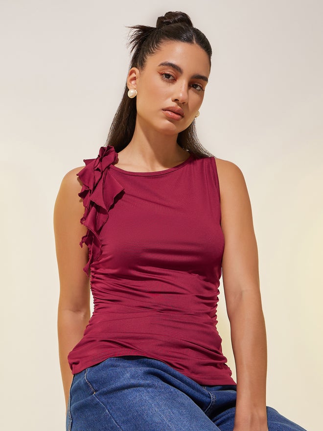 Styli Styli Solid Sleeveless Shoulder Ruffled Detail Top  - Image 1