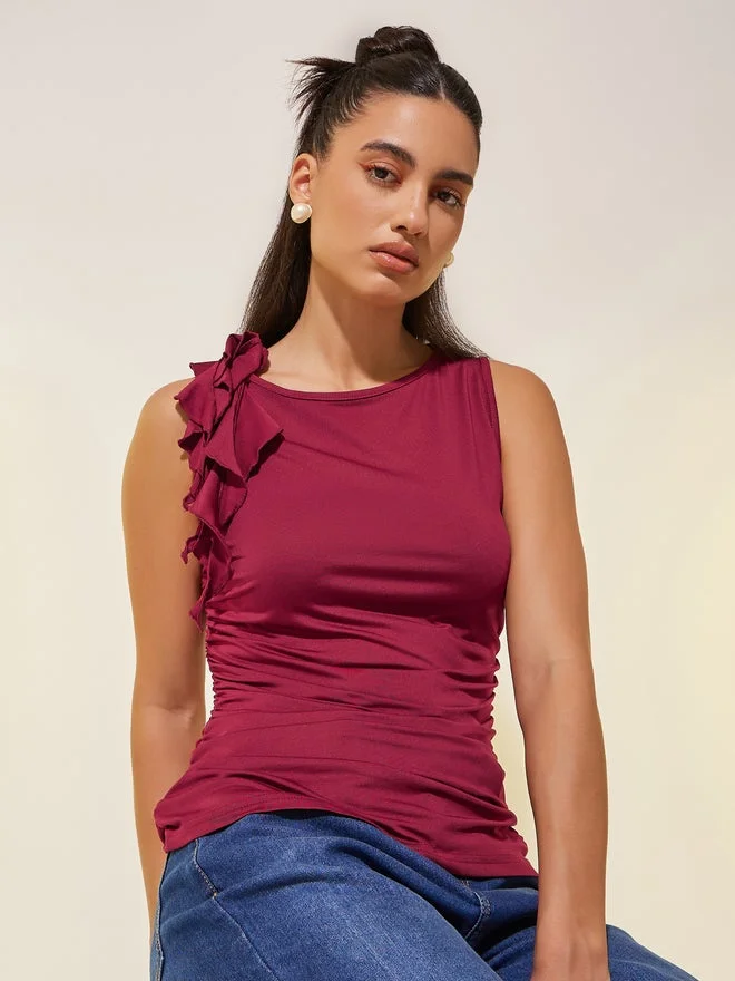Styli Solid Sleeveless Shoulder Ruffled Detail Top