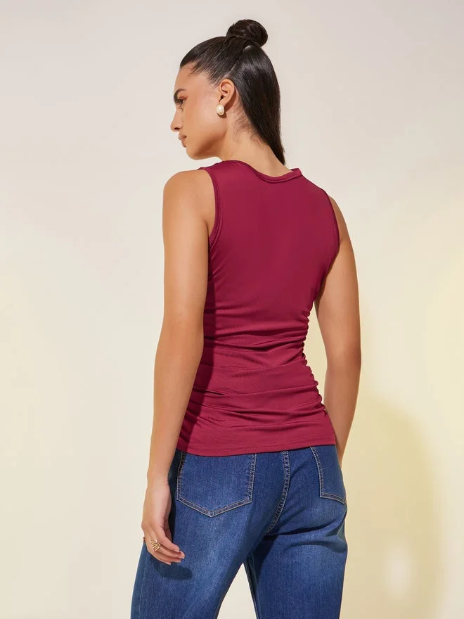 Styli Solid Sleeveless Shoulder Ruffled Detail Top