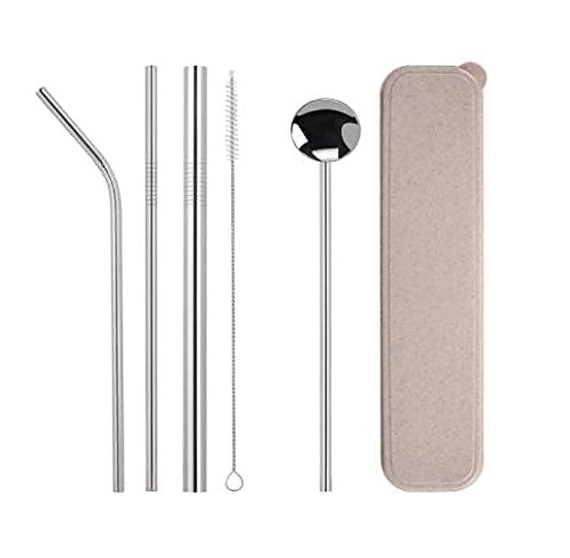 Iktu Ekto Set of 4 Portable Stainless Steel Drinking Straws with Straw Spoon, Comes with Brush and Case, Perfect for Holidays, Parties, Gifts, Family Gatherings - Reusable - Image 1