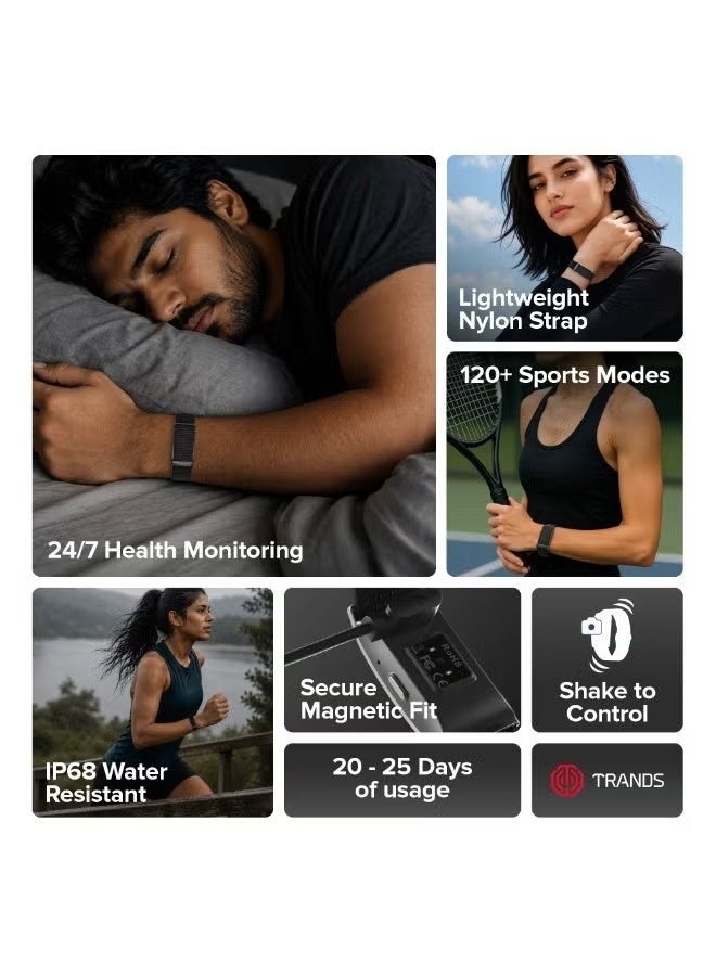 Trands SW300 Minimalist Smart Health & Fitness Tracker - Screenless Smart Band with 45-Day Battery, App-Controlled Heart Rate, Blood Oxygen & Sleep Monitor, IP68 Waterproof Wearable with Nylon Strap - Black - Image 2