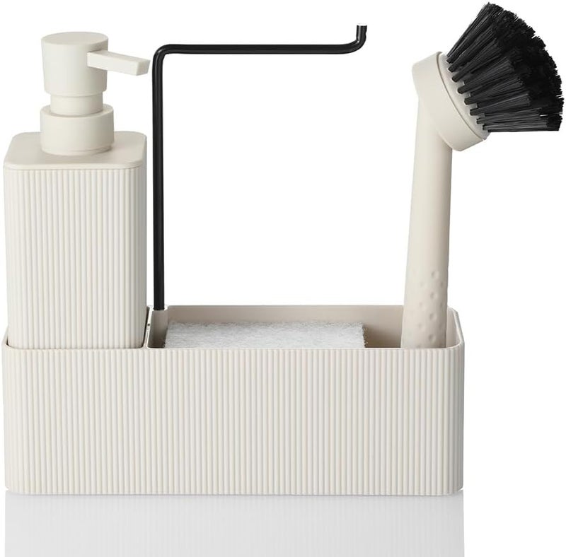 YAUKPH مجموعة موزع صابون المطبخ 4 في 1 - موزع صابون، فرشاة، حامل إسفنجة، رف مناشف (بيج مخطط) - Image 1