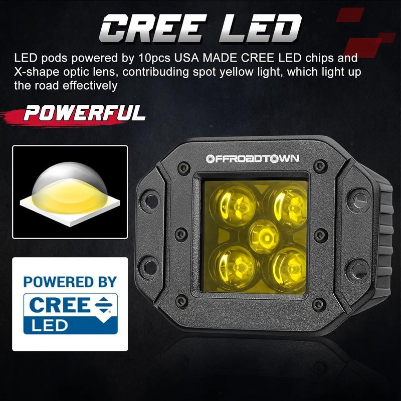OFFROADTOWN مصابيح LED مثبتة بعمق 5 بوصة صفراء 2PCS 100W CREE مصابيح ضوء بقعة للقيادة على الطرق الوعرة مصابيح ضباب إضاءة عكسية للشاحنات UTV ATV SUV هوندا شيفي قارب - Image 3
