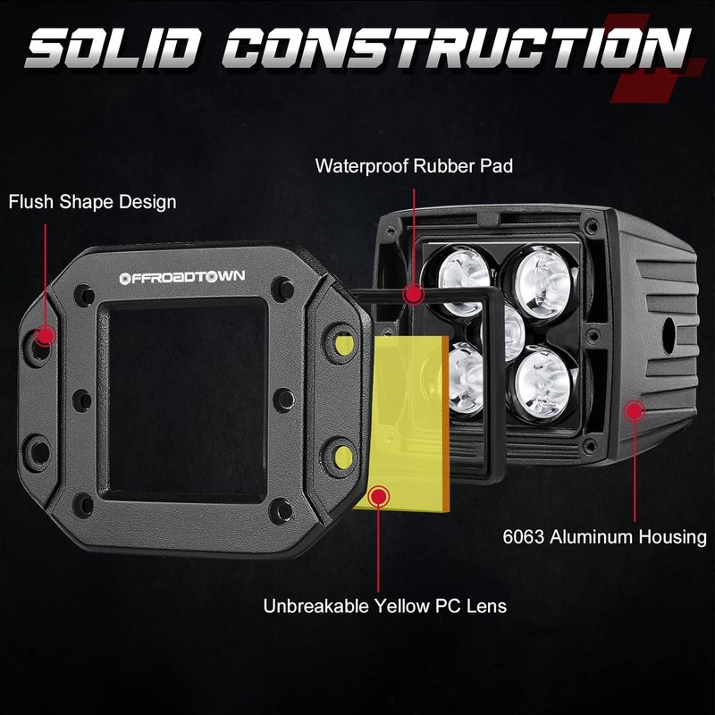 OFFROADTOWN مصابيح LED مثبتة بعمق 5 بوصة صفراء 2PCS 100W CREE مصابيح ضوء بقعة للقيادة على الطرق الوعرة مصابيح ضباب إضاءة عكسية للشاحنات UTV ATV SUV هوندا شيفي قارب - Image 5