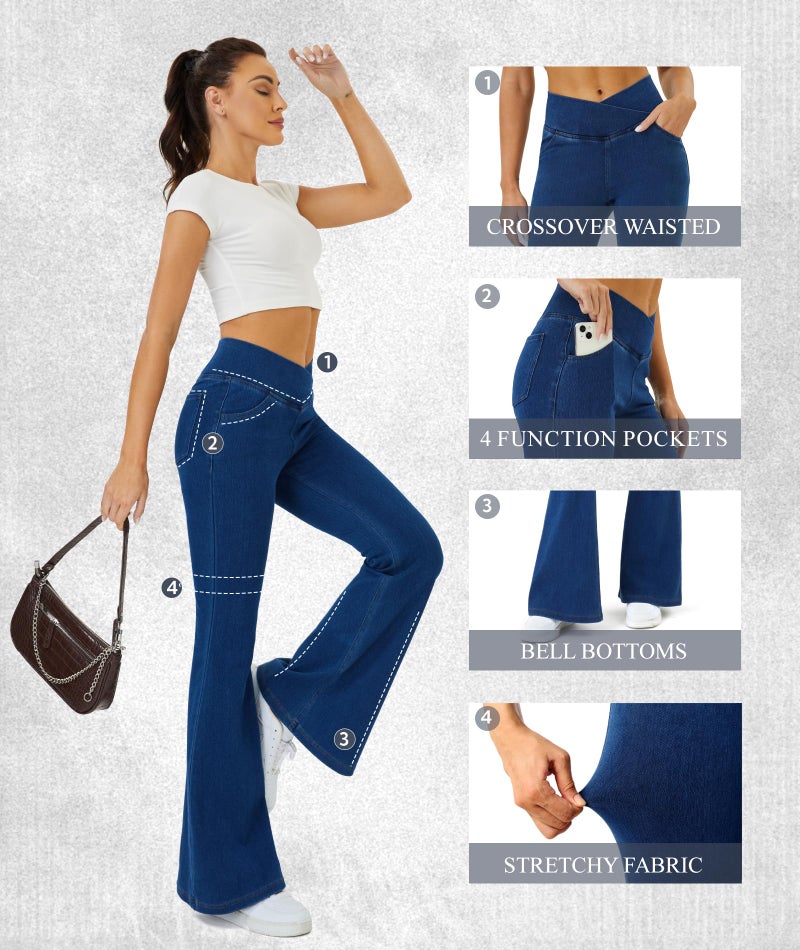 COPYLEAF Bell Bottom Jeans for Women Trendy Crossover Stretchy Jeans Flare Leggings with Pockets Y2k Butt Lifting Jeggings Medium Wash - Image 5