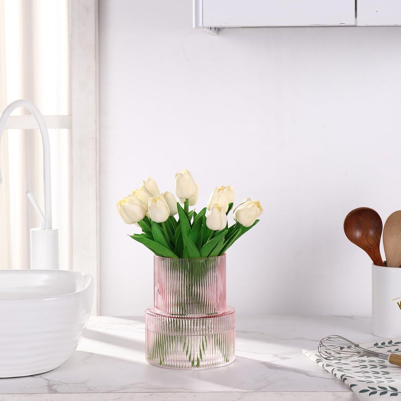 Yanwe1 Pink Glass Vase  Ribbed Glass Vase For Tulips  Flower Vases For Bouquet  Pink Modern Vases For Living Room  Dining Table  Entryway  Mantle  Shelf  Wedding  Office  7.5 Inches - Image 3